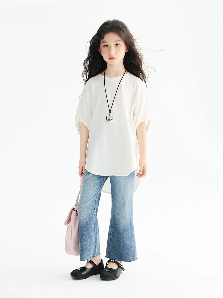 Seby Kids Girls 여름 캐주얼 루즈 스타일 반팔 티셔츠 화이트 탑 아동..