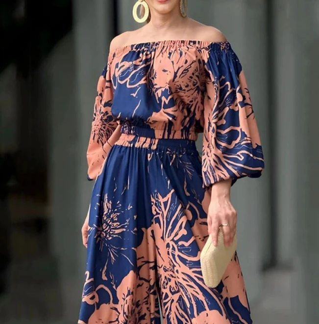 One Line Collar, Off The Shoulder Buckle, Lantern Sleeve, Casual Print, Off The Shoulder Waist Wide Leg Pants Fashion Casual Set