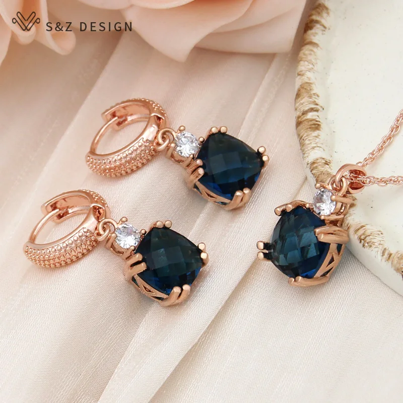 S&Z DESIGN New Fashion 585 Rose Gold Color Square Crystal Drop Earrings Jewelry Sets For Women Wedding Pendant Necklace Gift