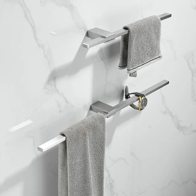 TOLM สีดําห้องน้ําแขวนชั้นวางผ้าขนหนูแบบไม่มีรูพรุน, เรียบง่ายและสร้างสรรค์, ราวแขวนผ้าแบบยืดได้, ราวแขวนผ้าสแตนเลส 6