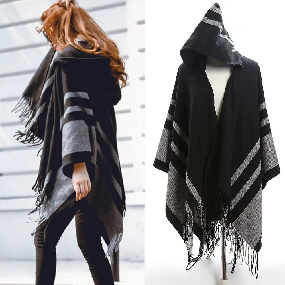 Womens Winter Warm Fleece Shawl Hooded Imitation Cashmere Wraps Scarf Thicken Shawl Cape