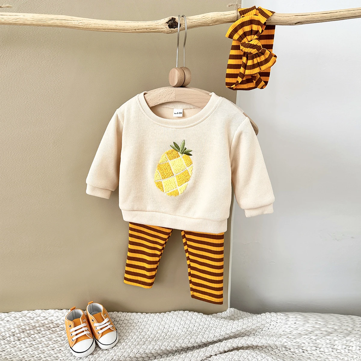 3PCS Newborn Baby Boys Clothes Long Sleeved Pineapple Pullover Shirt+Knit Pants+Hair Band Spring Autumn Soft  Children Clothing 5