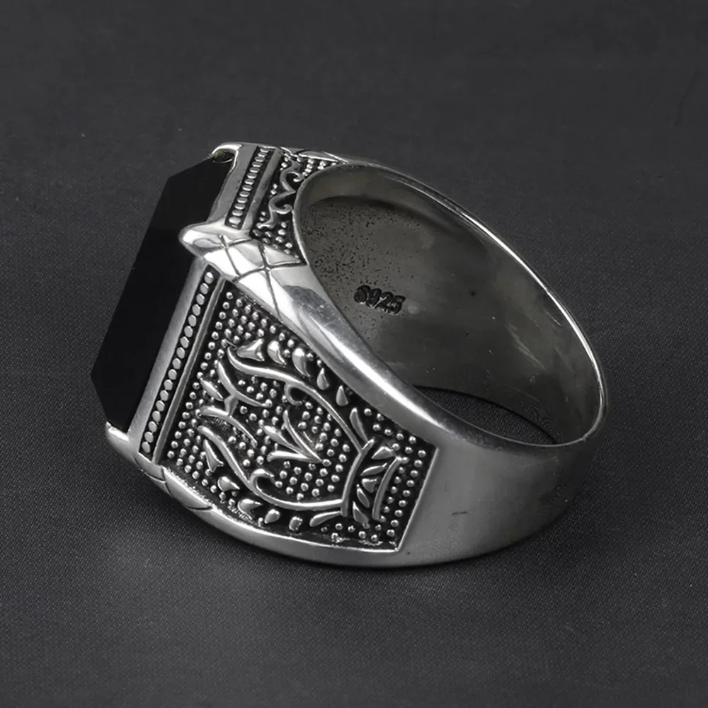 925 Sterling Silver Mens Signet Rings With Black Onyx Natural Stone Retro Flower Engraved Punk Rock Vintage Jewelry silver ring silver rings natural stone ring