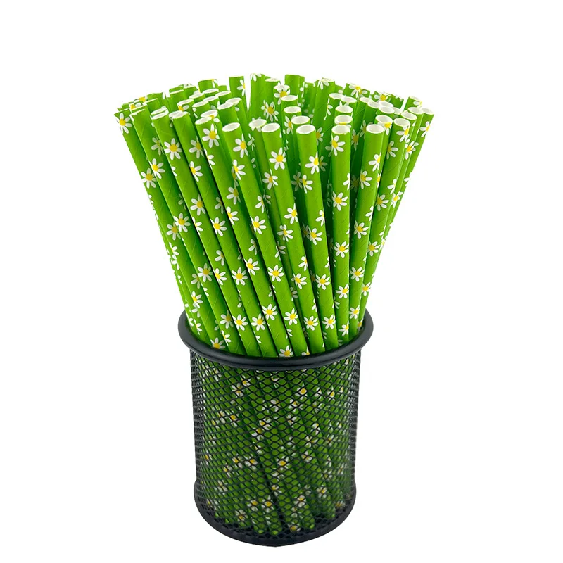 25pcs Home Kitchen Wedding Props Party Supplies Daisy Straw Paper Straws Disposable Decorations