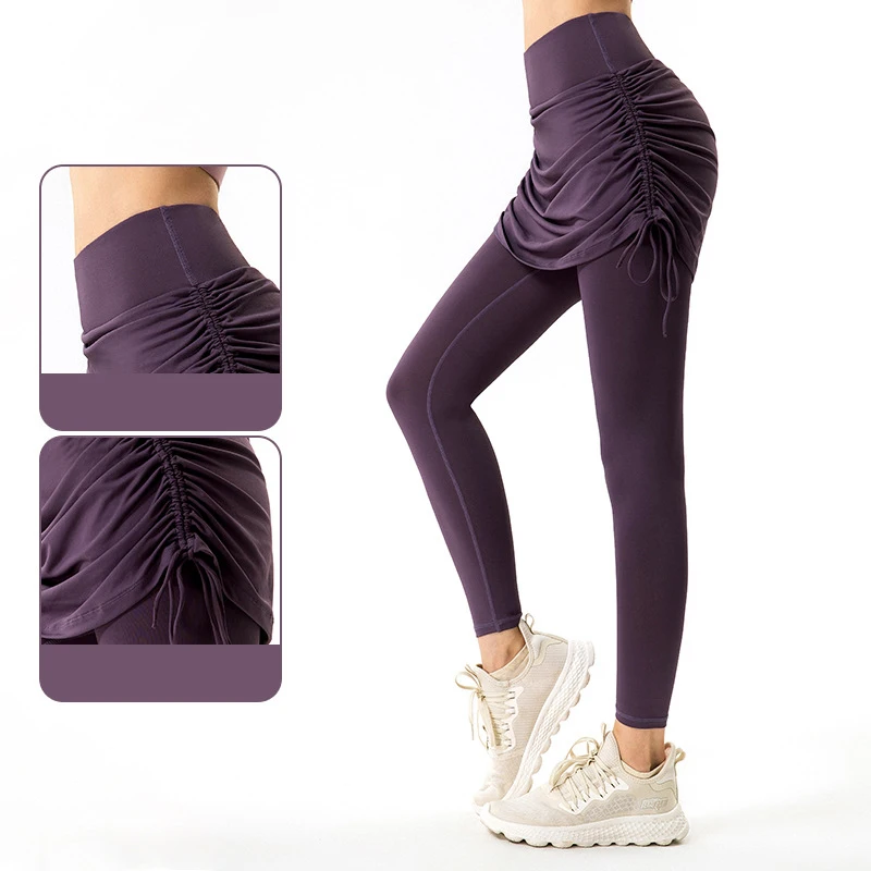 2 Fake Pieces Gym Leggings with Skirts High Waist Sport Leggings Women Fitness Pant Workout Yoga Pants Running Tights Sportswear