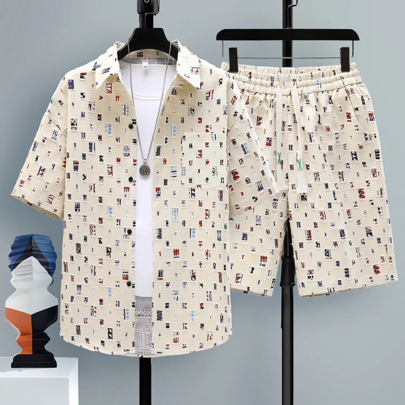 

Men Clothing 2023 Summer 2 Pieces Set Tracksuit Men's Shirt Shorts Harajuku Streetwear Oversized Men Sets Short Outfits Suits