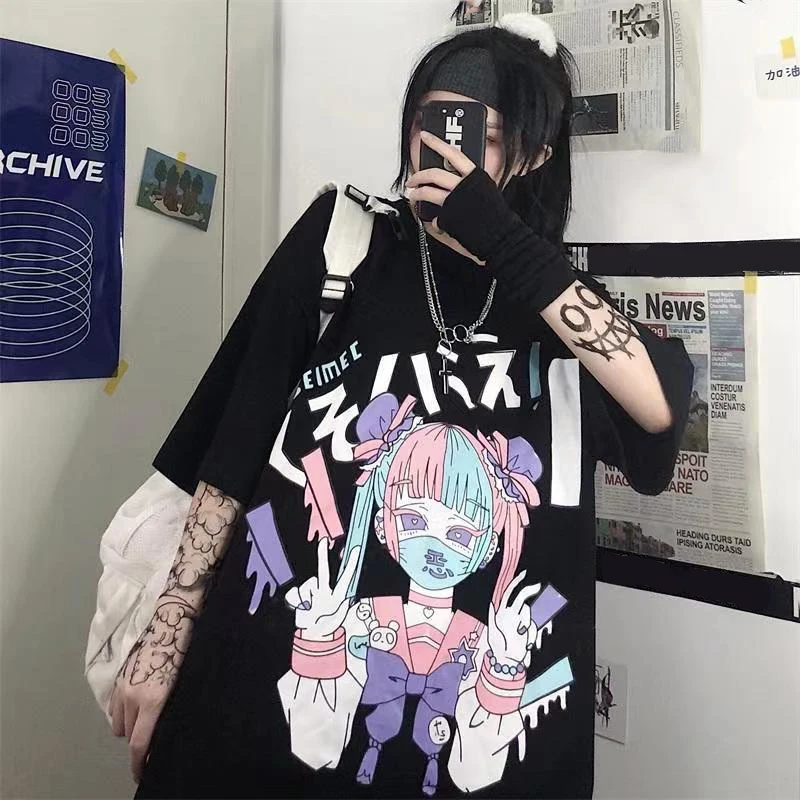 Women's Kawaii Anime Oversized Sweatshirt — Pastel Goth Harajuku Style, Cartoon Print, Hooded