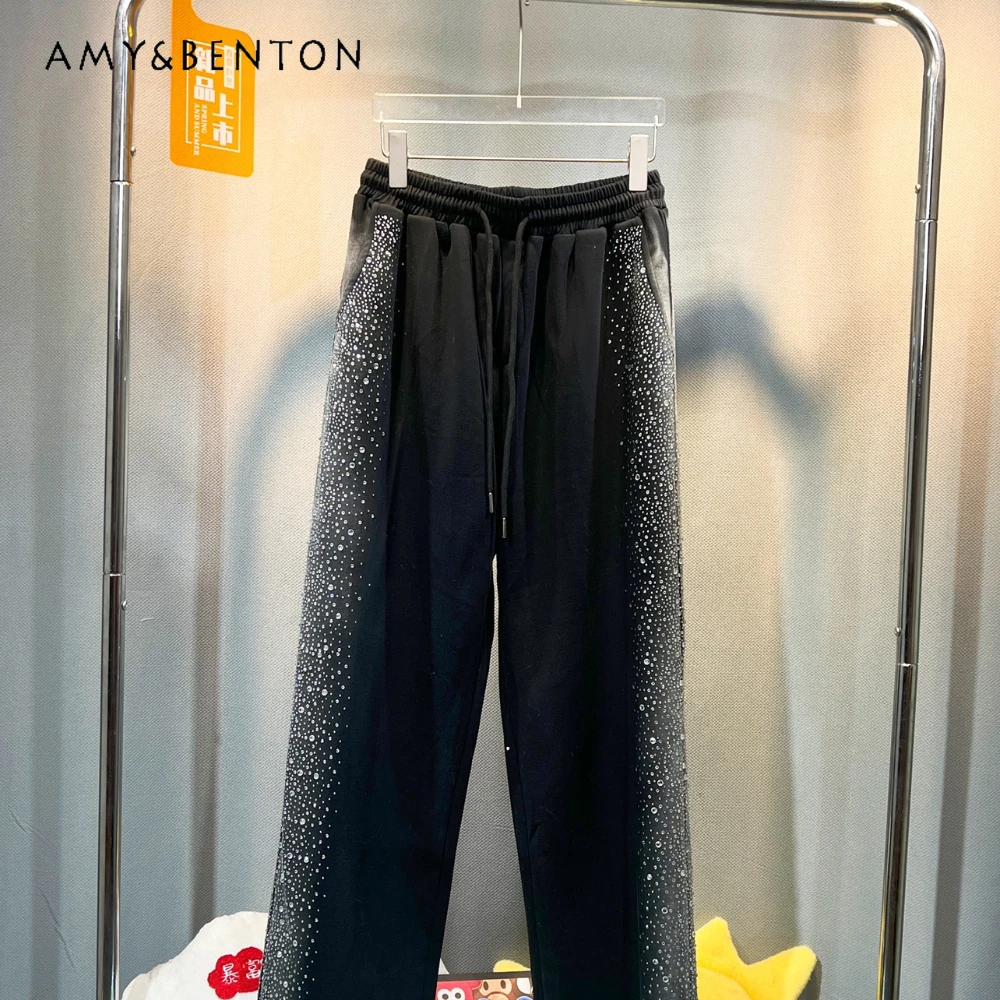 Diamond Drills Color Matching Sports Casual Pants For Women 2023 Autumn New High Waist Loose Slimming Straight Wide Leg Trousers