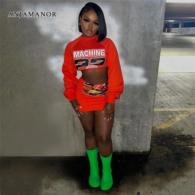

ANJAMANOR Casual 2 Piece Sets Womens Outfits Y2k Streetwear Baddie Graphic Crop Top Mini Skirt Sets 2023 Fall Clothing D78-CC25