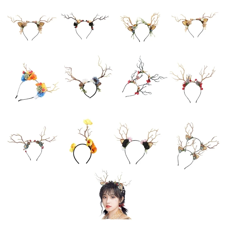 Adult Teens Christmas Reindeer Headband Branch Antler Hair Hoop Party Headpiece Banquet Party Cosplay Props