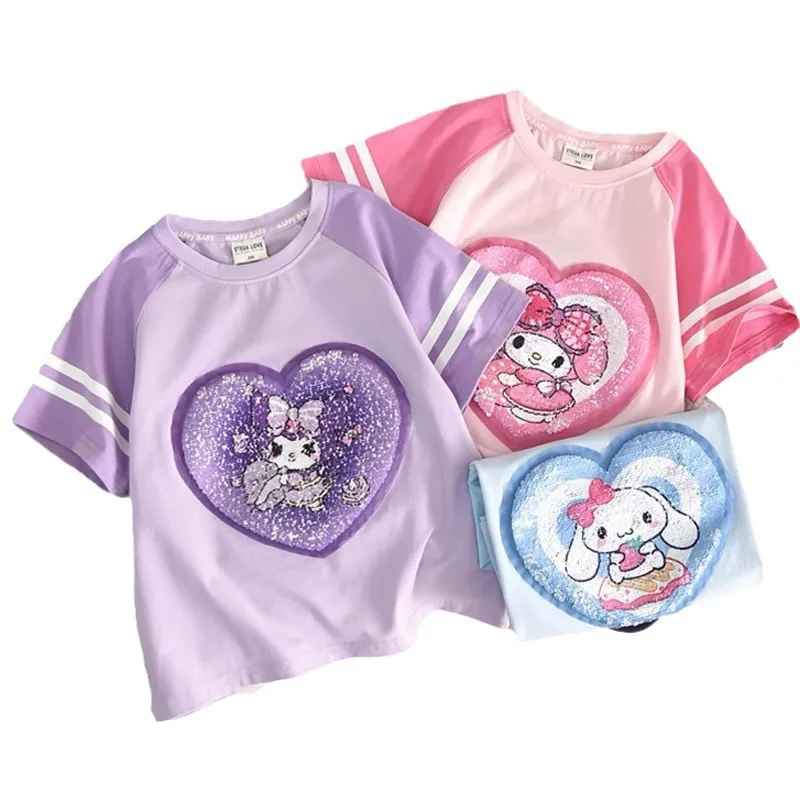 Mymelody Culumi Girls T-Shirt Summer Shirt Changeable Pattern Cinamonroll Children Cartoon Round Neck Casual Tee Tops 4