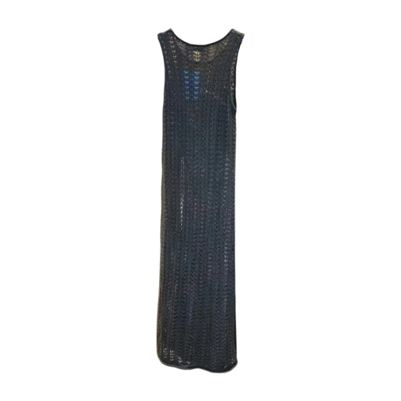 Vestido de punto de verano para mujer, color liso, con escote redondo, sin mangas, con abertura en el dobladillo, vestido de ganchillo, vestidos de fiesta de los años 2000