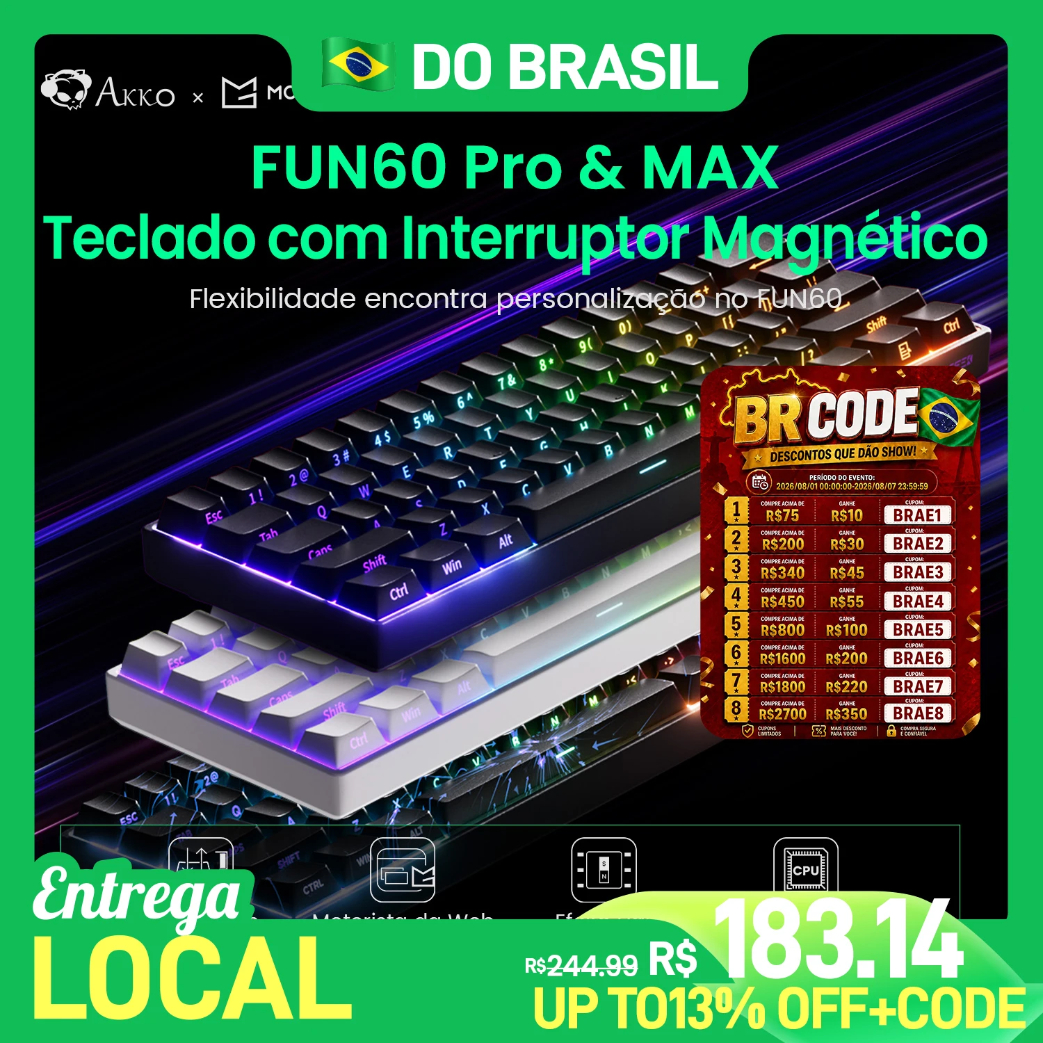 Akko monsGeek fun60 pro he teclado mecânico interruptor magnético 60% teclado para jogos gatilho rápido 0.01mm 8k teclado personalizado com fio