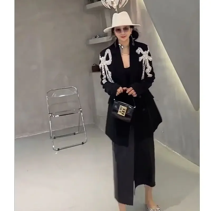 SuperAen Loose Bow Design Casual Suit Black Blazer Women\'s Spring Autumn High Street Black Blazer for Women
