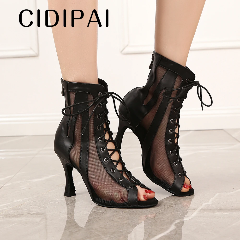 Microfiber Leather Dance Shoes Female High Top Ballroom Dance Boots Woman Latin Dance Shoes Breathable Mesh Party High Heels 9CM 6