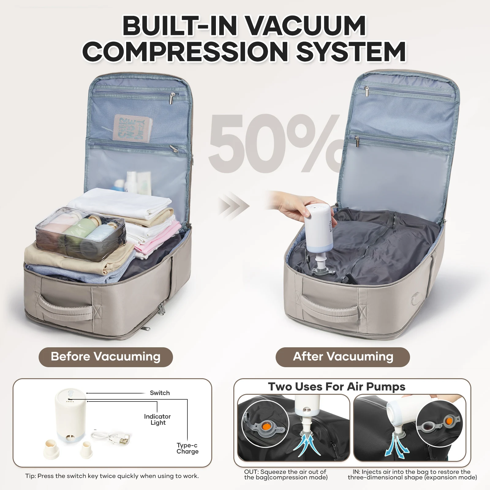 Large Capacity Hiking Backpack with Vacuum Compression Compartment, Durable Nylon, Ideal for Women Travel Backpack, Air Backpack