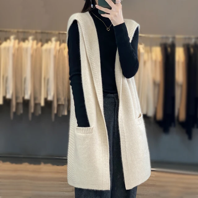 Autumn Winter New Cashmere Sweater Women's Clothing Hooded Long Vest 100% Merino  Wool Knitted Cardigan Waistcoat Fashion Korean - AliExpress