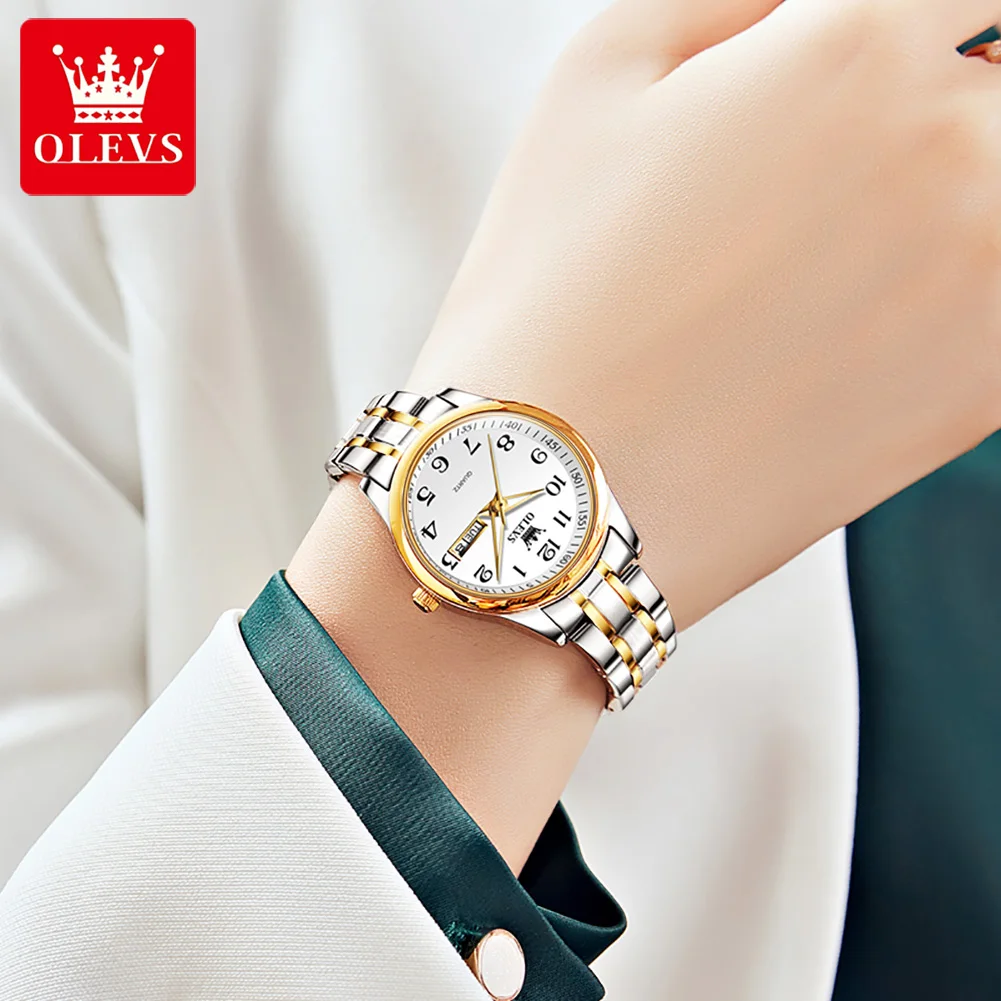 OLEVS Quartz Watch for Women Stainless Steel Waterproof Luminous Calendar Dial Fashion Elegant Women's Wristwatch Gift Set Reloj