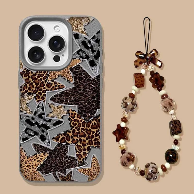 Leopard Print Star Hand Rope Phone Case