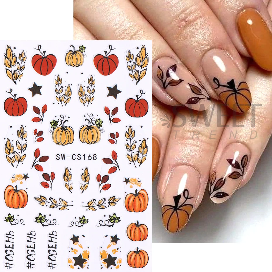 9pcs Halloween Pumpkin Nail Stickers Maple Leaf Self-Adhesive Decal Slider Nail Supplies Thanksgiving Autumn Manicure Decoration