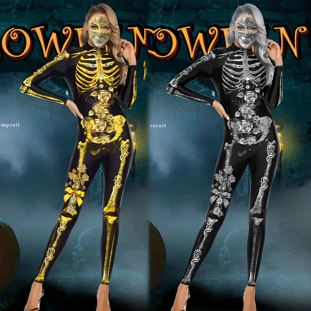 Halloween Skeleton 3D Print Performance Costume Men Women Horror Skeleton Tights Uniform Bodysuit Festival Cosplay Jumpsuit