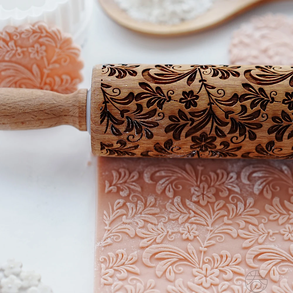 

Jasmine Pattern Rolling Pin Wooden Roller Baking Embossed Cookies Stamp Biscuit Fondant Cake Decoration Tool Kitchen Accessories