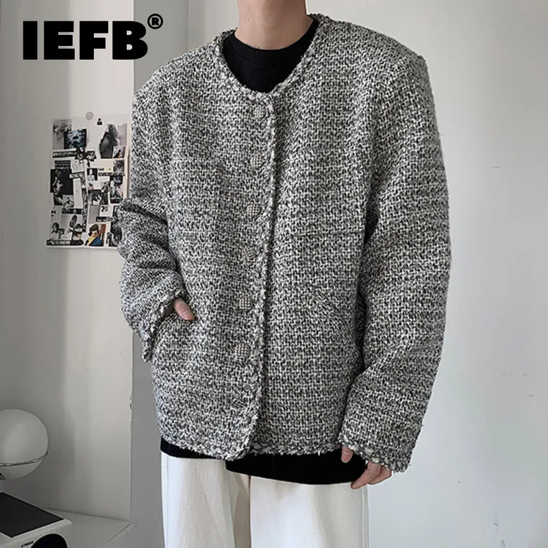 

IEFB Autumn Men Trendy Tweed Jacket Fashion Kint Long Sleeve Coat Street Male Casual Round Neck Cardigan 2023 New Clothing 9C641
