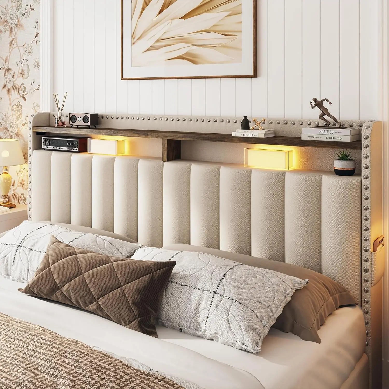 Full Size Bed Frame with 3 Storage Drawers,Upholstered Full Size Bed Frame with Headboard,Strong Support with Wooden Slats Beige 4