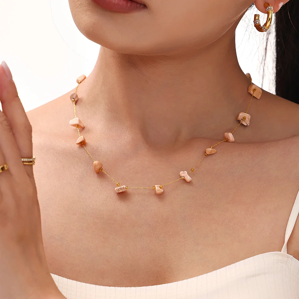Mehrfarbige Naturstein-Anhänger-Halskette für Frauen, 316er Edelstahl, vergoldeter Perlenhalsband, böhmischer Modeschmuck – Detail 12