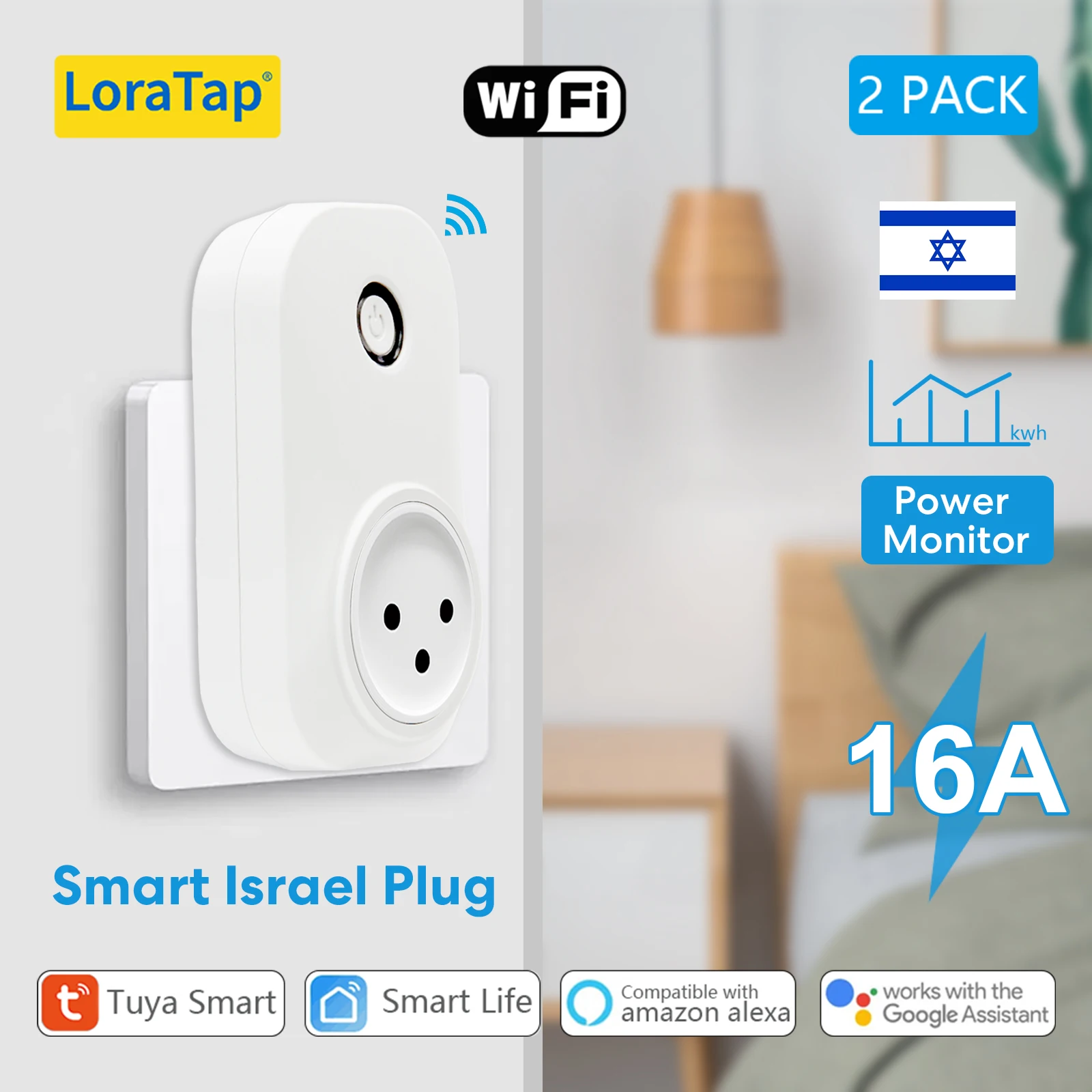 ปลั๊กไฟอัจฉริยะ LoraTap Wi-Fi แบบปลั๊กอิสราเอล แพ็ค 2 ชิ้น ควบคุมผ่านแอป Tuya Smart Life พร้อมสถิติการใช้พลังงาน รองรับ Google Home และ Alexa 1