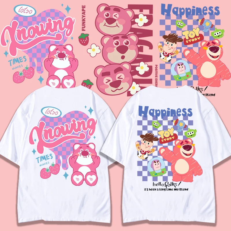 

Disney Strawberry Bear Pink T-shirt Women's Short sleeved Pure Cotton Summer Sweet Clothes Loose Half Sleeve T-shirt