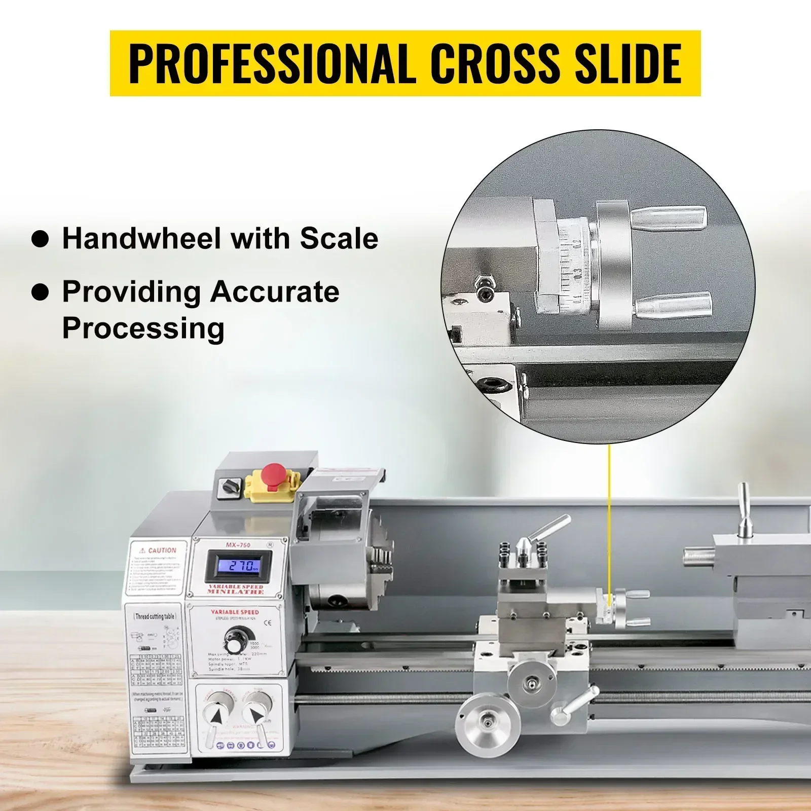 VEVOR 1100W Mini-Metalldrehmaschine 220MMx750MM Drehzahlvariable Metalldrehmaschine RPM Metallfräsmaschine Digitale Fräsmaschine – Detail 9