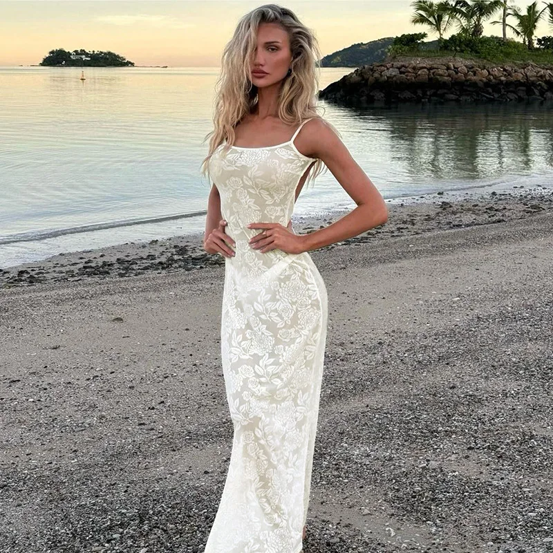 

Woman Dress Flower Print Summer Sexy See Through Backless Spaghetti Straps Splits Solid Dresses Party Beach Skinny Vestidos Wear