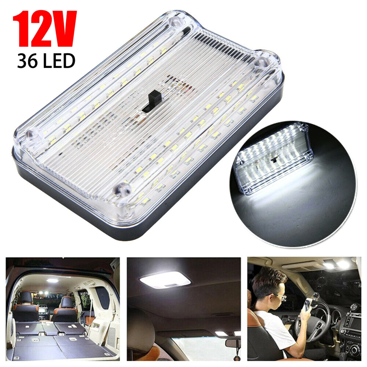 차량 천장 LED 조명 램프, 자동차 돔 독서등, 온/오프 스위치, 트렁크 램프, 36 LED, 흰색 직사각형 조명, 12V