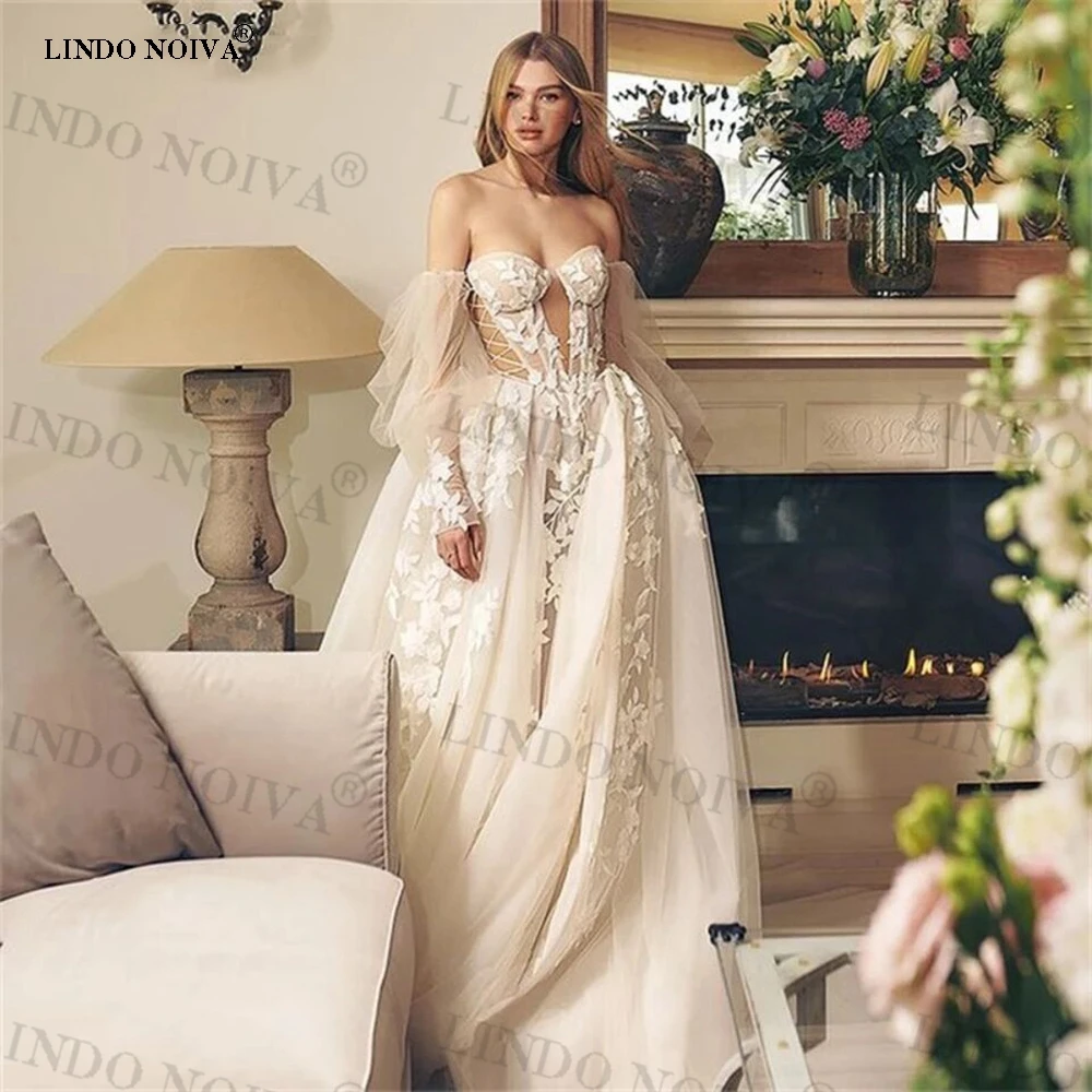 

LINDO NOIVA свадебное платье Bohemian Appliqued Lace Wedding Dress Sweetheart 3D Flower A-Line Puff Sleeves Bridal Gowns Vestido