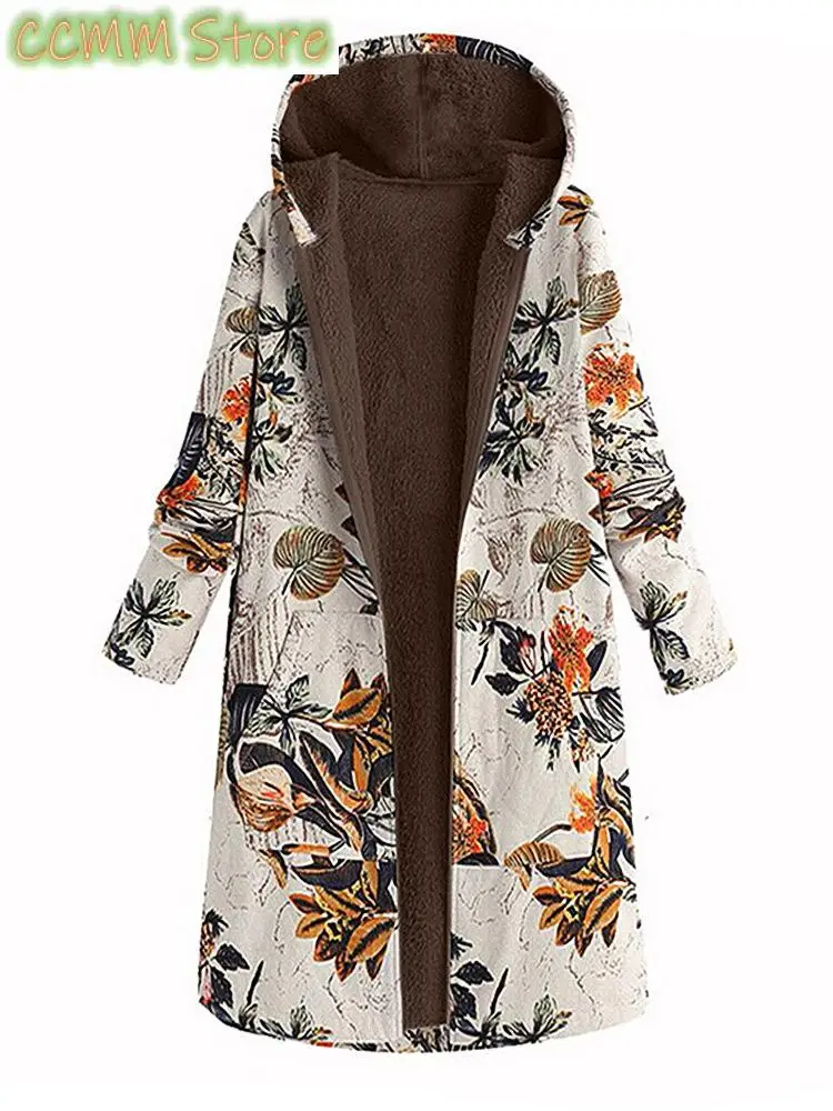 New Coats Jackets Women Autumn/winter Clothes Women Vintage Print Hooded Zipper Long Plush Coat Windbreak Trench Coat for Women