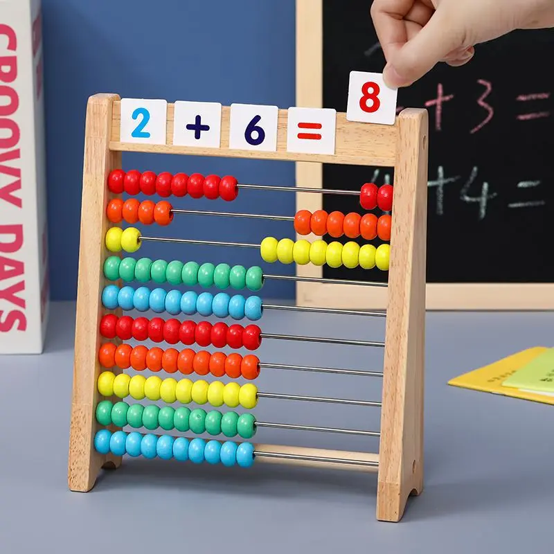 Classic Wooden Educational Math 10-Row Counting Toy 100 Beads Counting Sticks Number Alphabet Card Preschool Math Learning