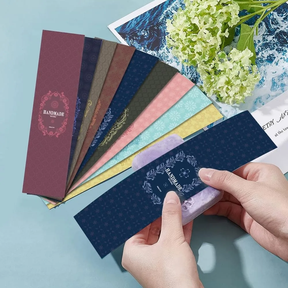 90PCS Handmade Wrap Label Tape 9 Styles Floral Kraft Paper Soap Wrappers Vertical Soap Paper Tag Sleeves Covers for