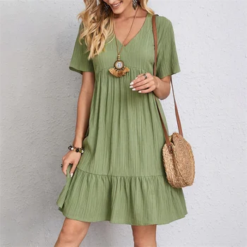 Women Vintage Mini Dresses Summer Solid Casual V Neck Ruffles Dress Ladies Boho Loose Beach Party Elegant Dress Vestidos DF4912