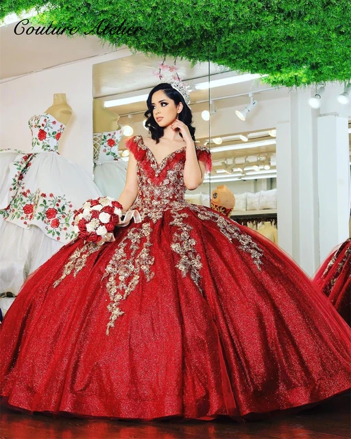 Vermelho Sparkly Quinceanera Vestidos 2021 Lace Applique Frisado