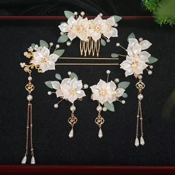 Set di Accessori per Capelli Stile Antico Hanfu con Fiore di Tè, con Fermaglio a Nappa, Pettine a Fiore di Prugna e Clip per Capelli con Bordo a Roccia per Ragazze