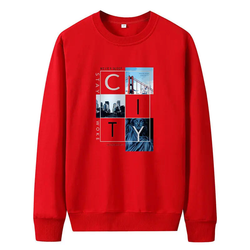 Men's Spring Autumn Pullover Round Neck Solid Letter Printed Lantern Long Sleeve T-shirt Hoodies Fashion Casual Loose Tops