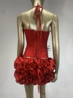 High End Fashion Women Red Bandage Outfit Halter Slash Neck Corset Top And Rose Mini Skirt Two Pieces Sets Evening Club Party - Image 5