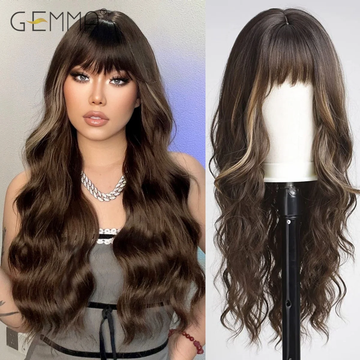 

Long Wavy Synthetic Dark Brown Highlight Wigs with Bangs for Women Natural Looking Hair Wig Cosplay Daily Use Heat Resistant