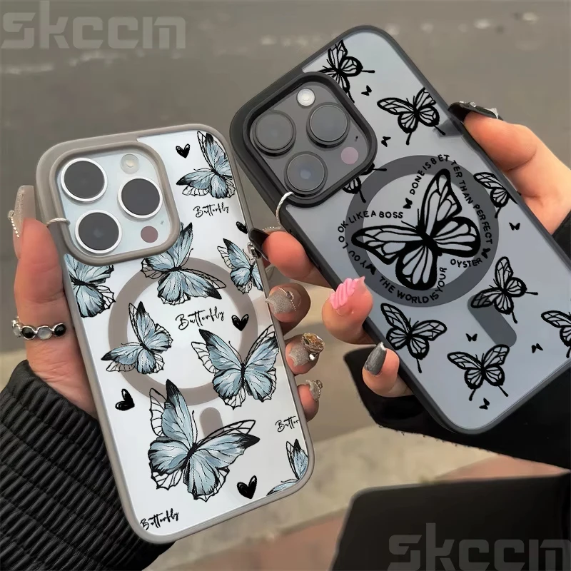 Butterfly Magnetic Transparent Phone Case with Matte Wireless Charging Cover