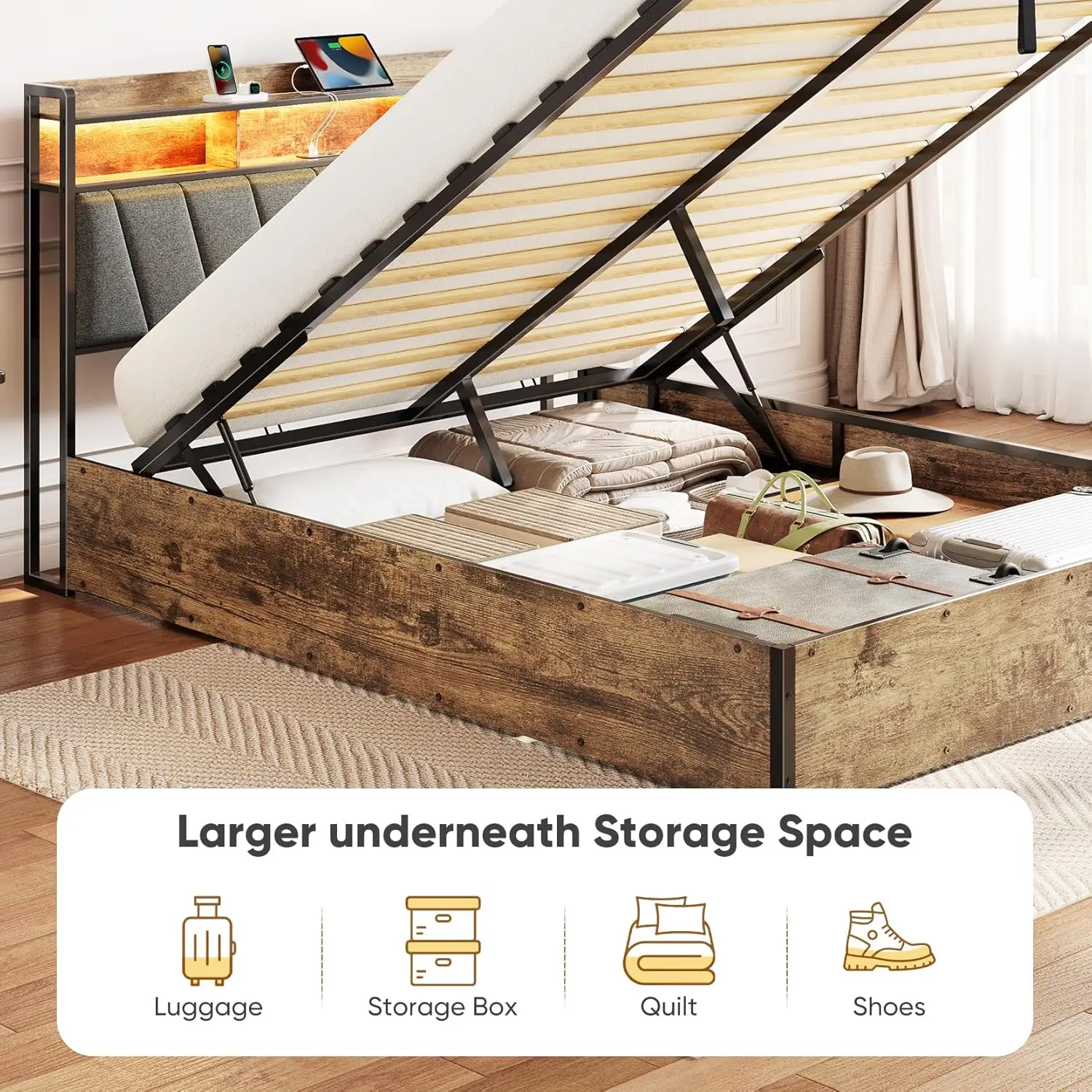 Bed Frames with Charging Station, LED Lights Bed Frames with Upholstered Headboard, Metal Platform Bed, 2-Tier Storage, Sturdy