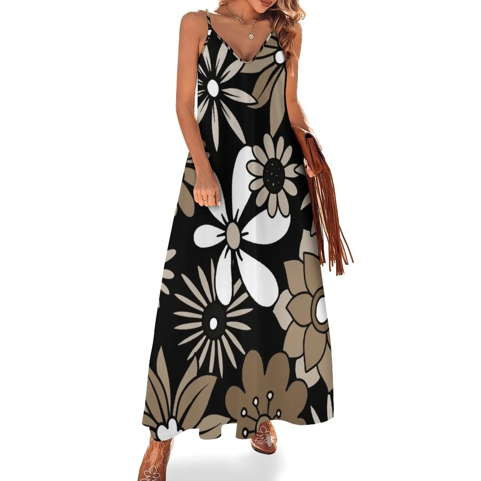 

Retro 1960's Floral Pattern In Sepia, Black And White Sleeveless Dress dress women summer dress