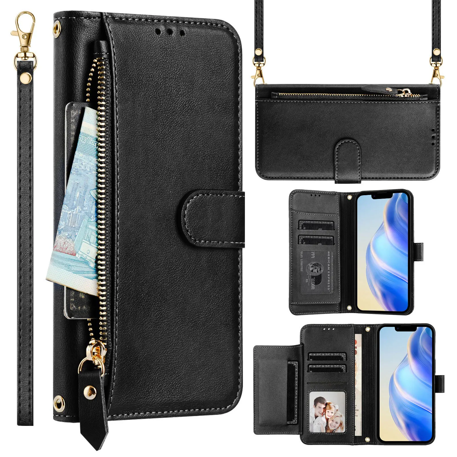 Vintage Leather Crossbody Flip Wallet with Multi-Card Slots and Zippered Pouch