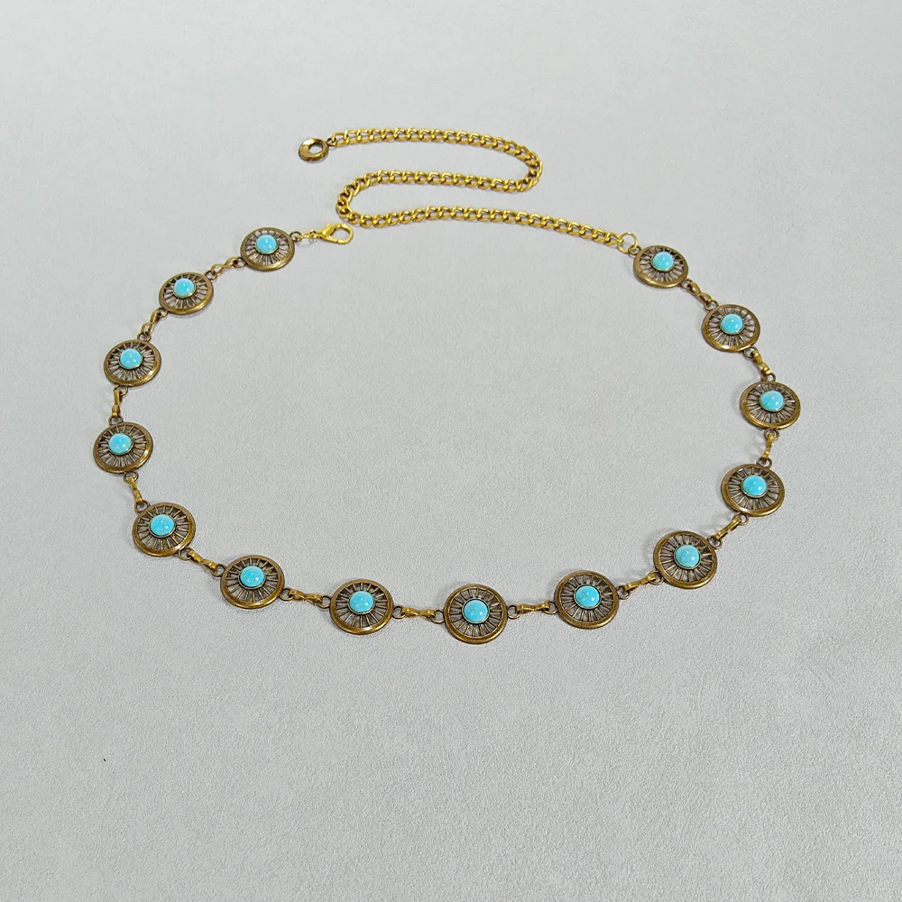 Silver Bohemian Metal Waist Chain Belt with Blue Gemstone Ellipse