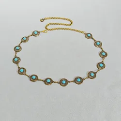 Silver Bohemian Metal Waist Chain Belt with Blue Gemstone Ellipse - 110cm (Round Vingold)